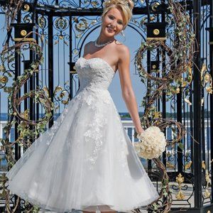 Strapless Tulle Embellished Tea Length Wedding Dre